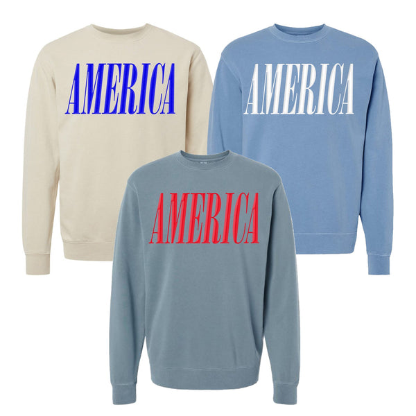 'America' Puff Design Pigment Dyed Crewneck Sweatshirt