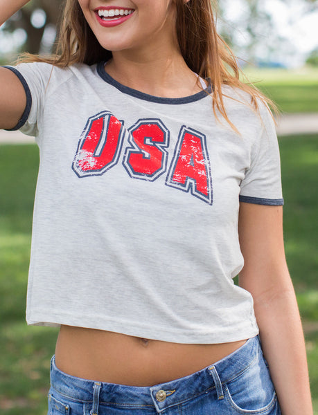 Ladies 'USA' Cropped Ringer Tee