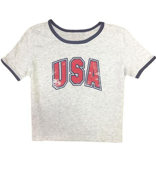 Ladies 'USA' Cropped Ringer Tee